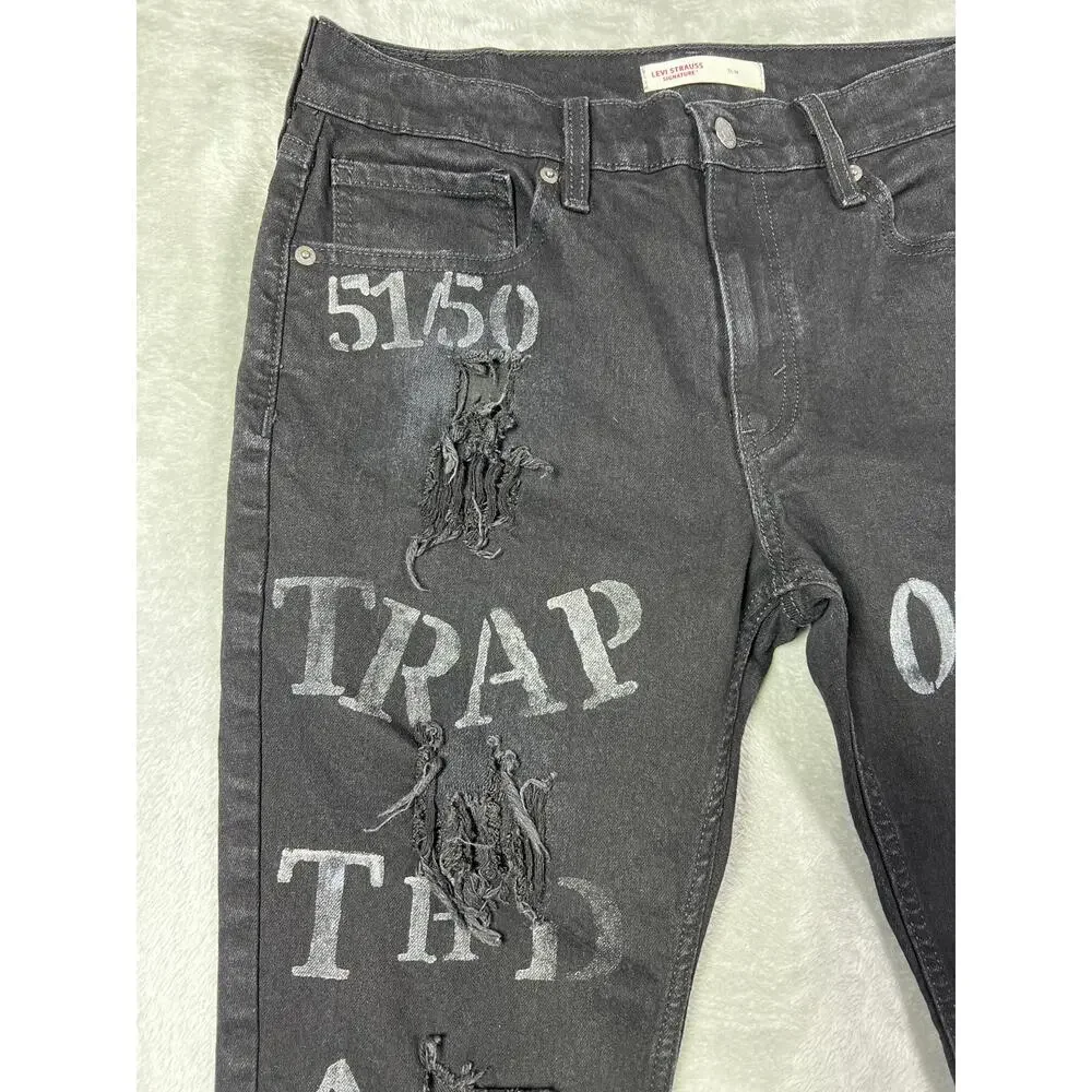 Levi 32x30 Distressed Black Jeans Custom Trap Hip Hop Punk Grunge Reworked Denim